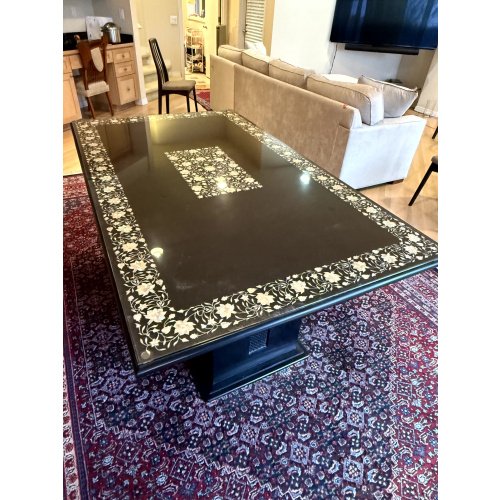 Agra Indian Marble Inlay Dining Table with Glass Cover