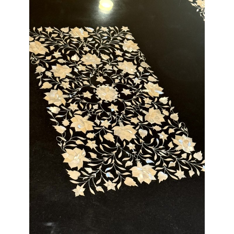 Agra Indian Marble Inlay Dining Table with Glass Cover