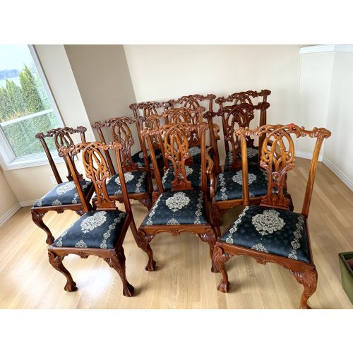 Set of 10 Solid Wood Carved Dining Chairs / Set Chippendale Style