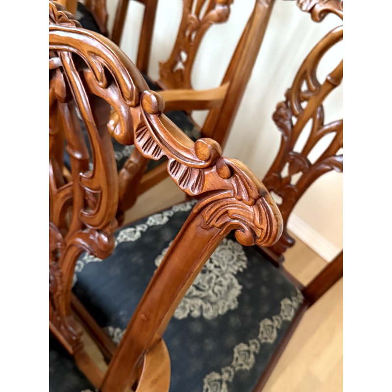 Set of 10 Solid Wood Carved Dining Chairs / Set Chippendale Style