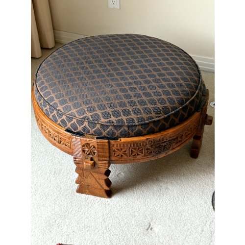 Antique Carved Wood Paloma Stool with Cushion