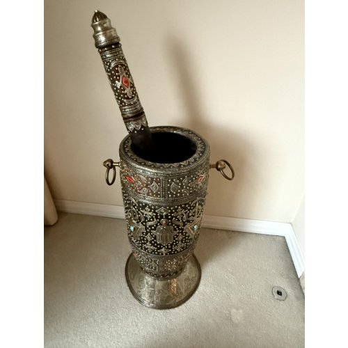 Moroccan Style Chased Metal Over Wood Large Mortar / Pestle