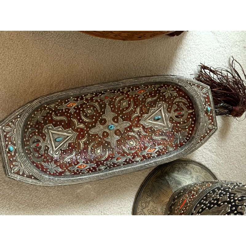 Large Ottoman Chawed Metal and Stones Wood Dough Bowl