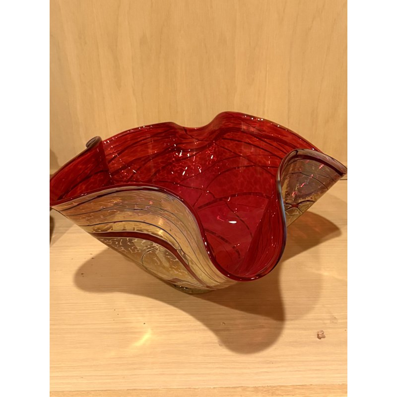 Large Art Glass Handkerchief Vase Cranberry and Irridescent