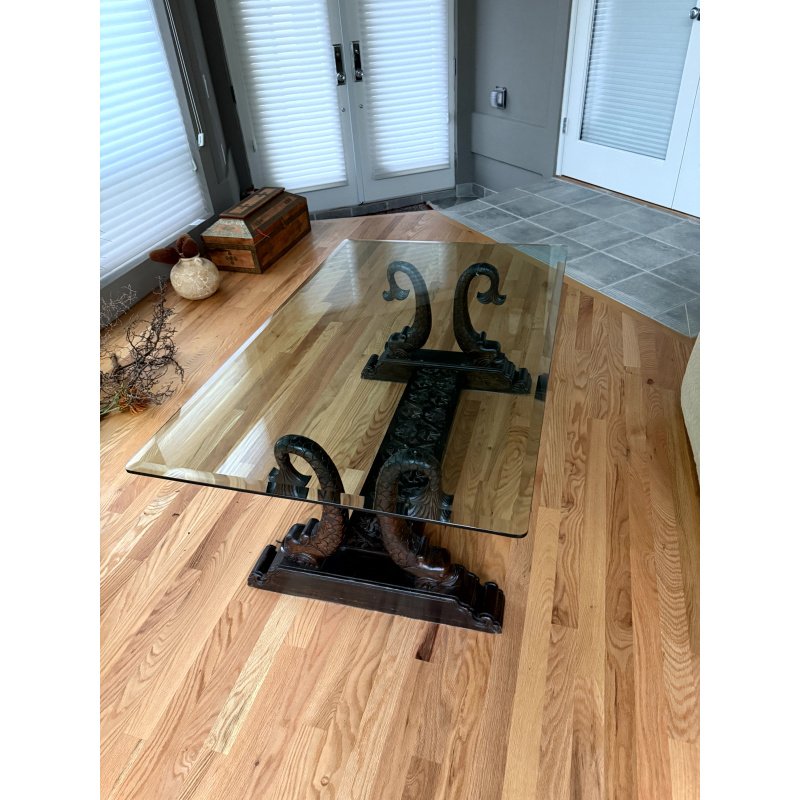 Indian Carved Wood Table Base turned into Glass Coffee Table