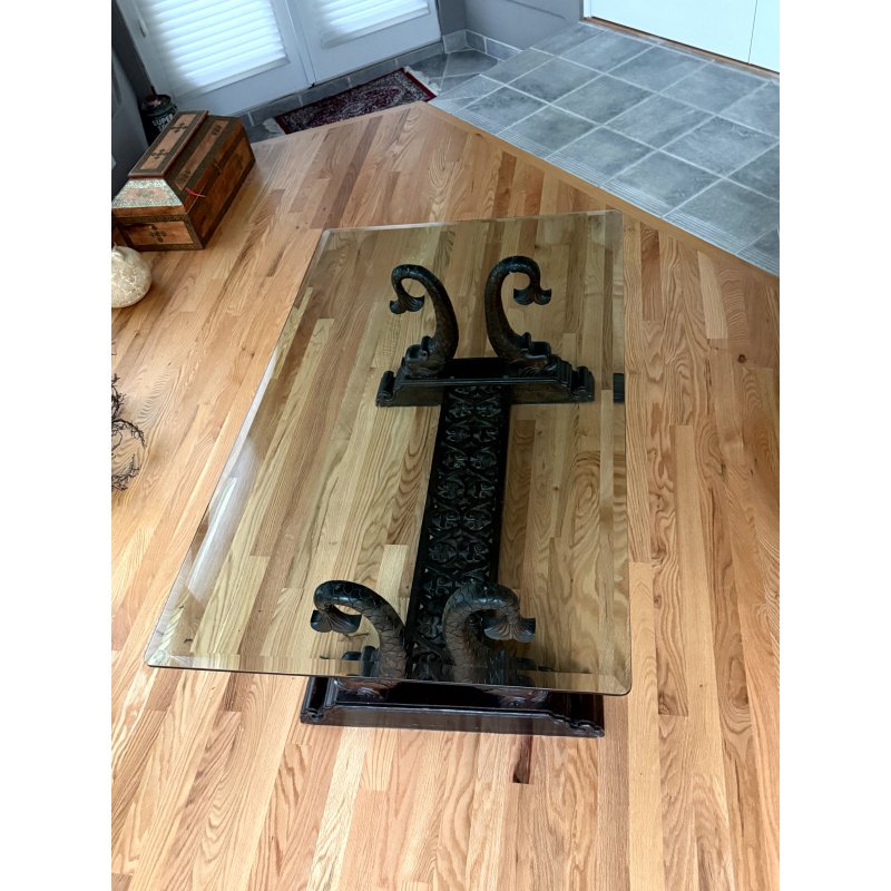 Indian Carved Wood Table Base turned into Glass Coffee Table