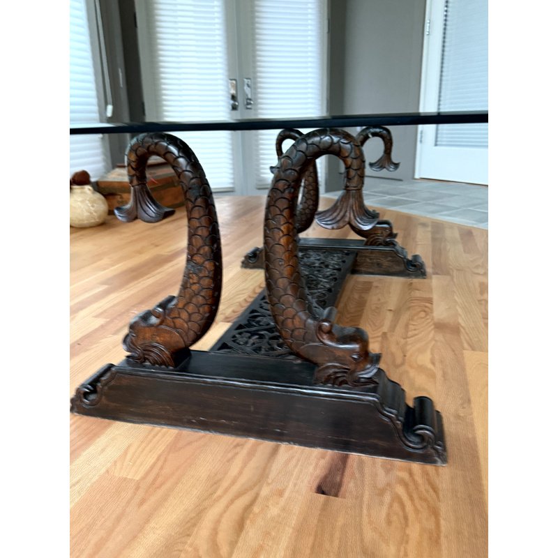 Indian Carved Wood Table Base turned into Glass Coffee Table