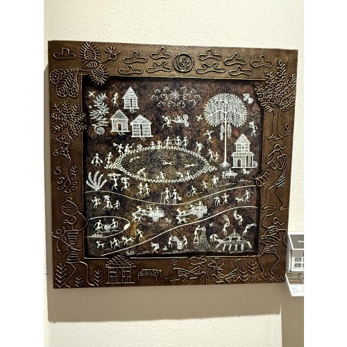 Warli Indian Folk Art Painting with Metal Embossed Frame