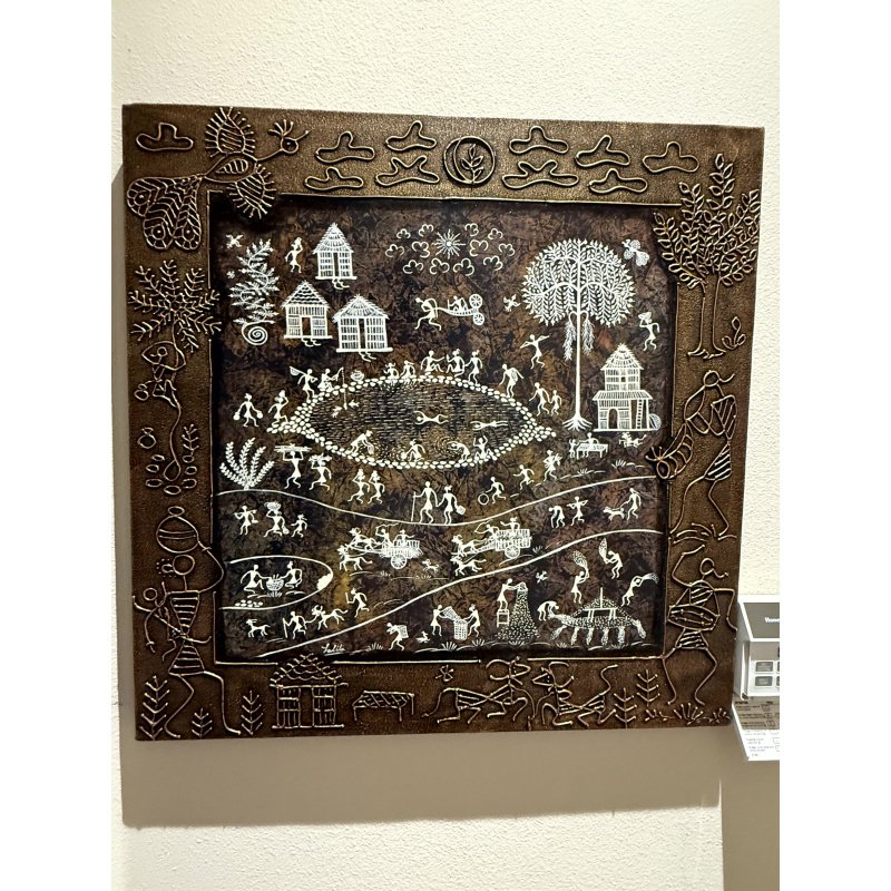 Warli Indian Folk Art Painting with Metal Embossed Frame
