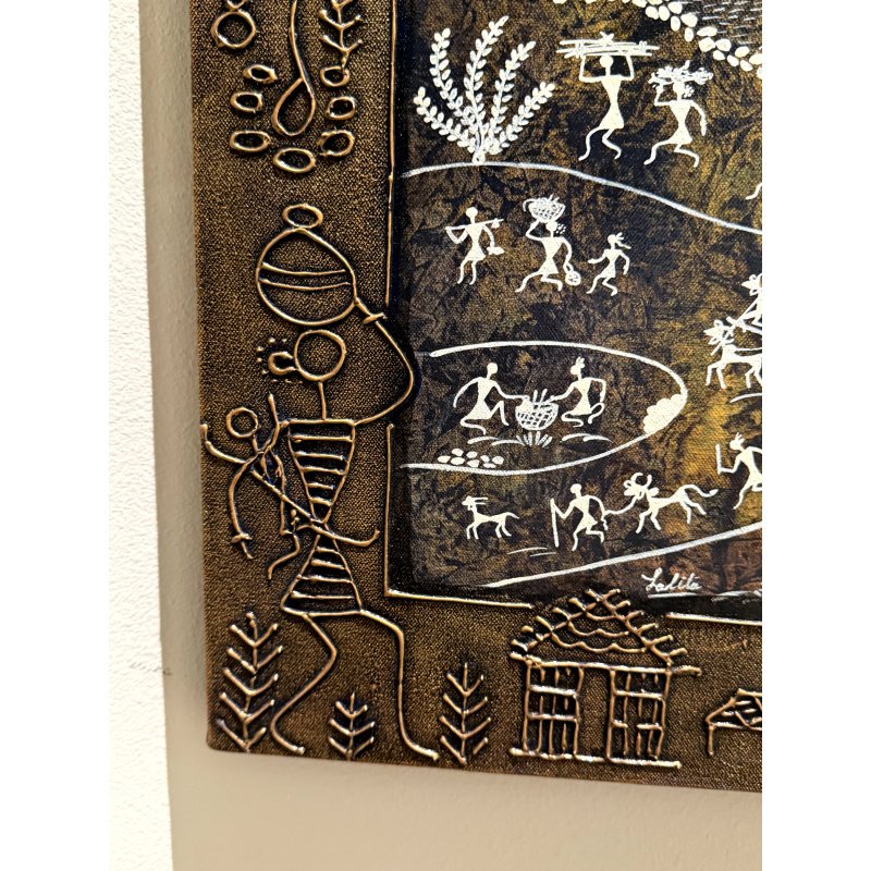Warli Indian Folk Art Painting with Metal Embossed Frame