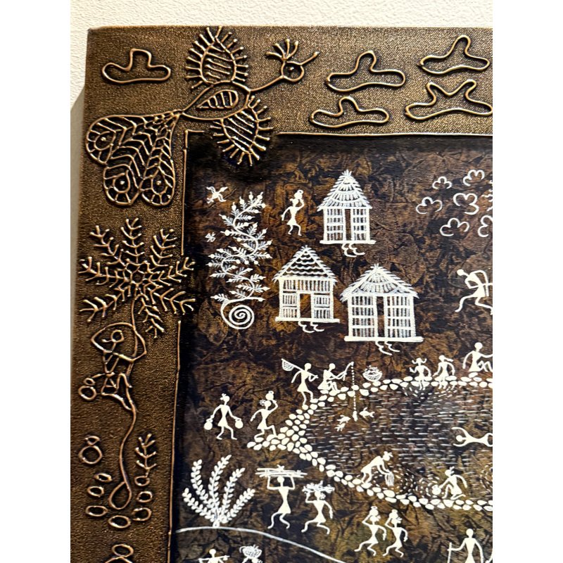 Warli Indian Folk Art Painting with Metal Embossed Frame