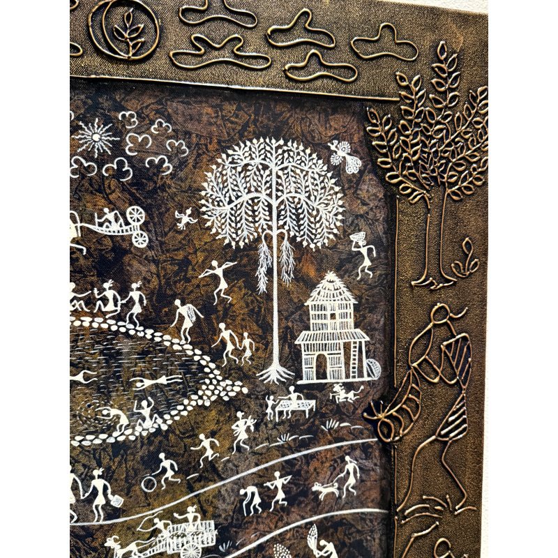 Warli Indian Folk Art Painting with Metal Embossed Frame