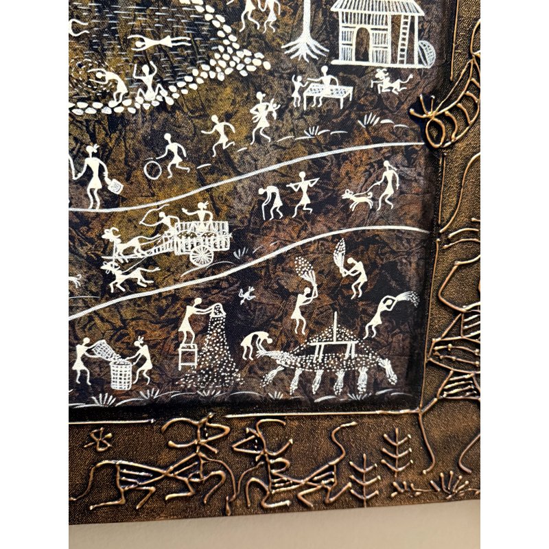 Warli Indian Folk Art Painting with Metal Embossed Frame