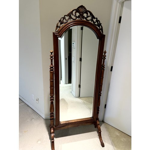 Antique Carved Wood Cheval Floor Standing Mirror