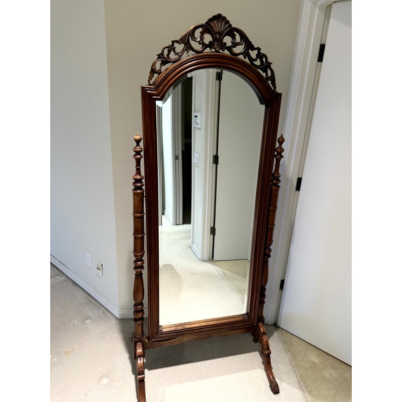 Antique Carved Wood Cheval Floor Standing Mirror