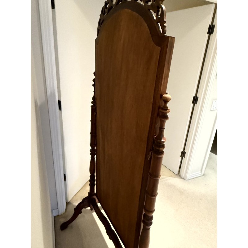 Antique Carved Wood Cheval Floor Standing Mirror