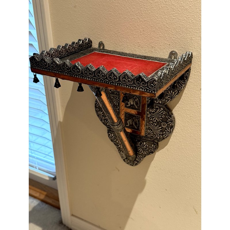 Embossed Metal Over Wood Indian Wall Shelf
