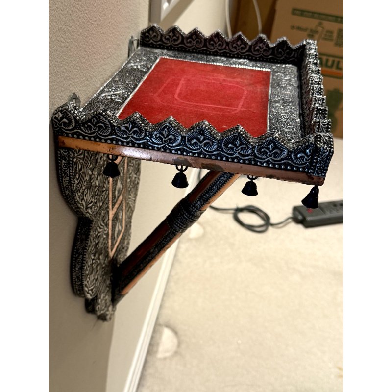 Embossed Metal Over Wood Indian Wall Shelf