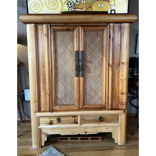 Vintage Asian Woven Rattan + Faux Bamboo Wood Armoire / Cabinet