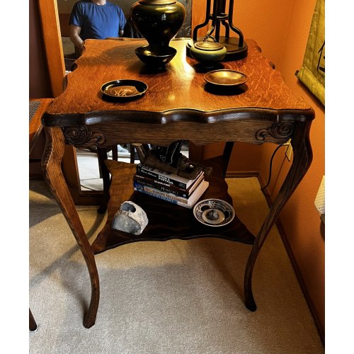Antique Oak Parlor Table with Scalloped Top & Curved Legs, Carved Side Table