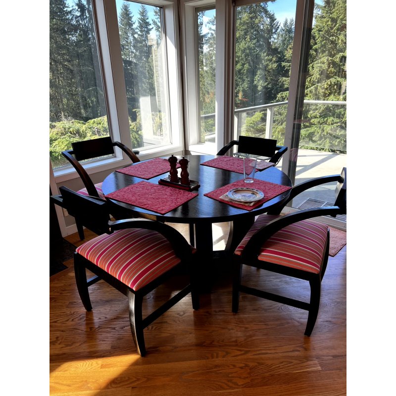 Sleek Art Deco Inspired Dining Set Black Wood Pedestal Dining Table & 4 Colorful Striped Upholstery Chairs