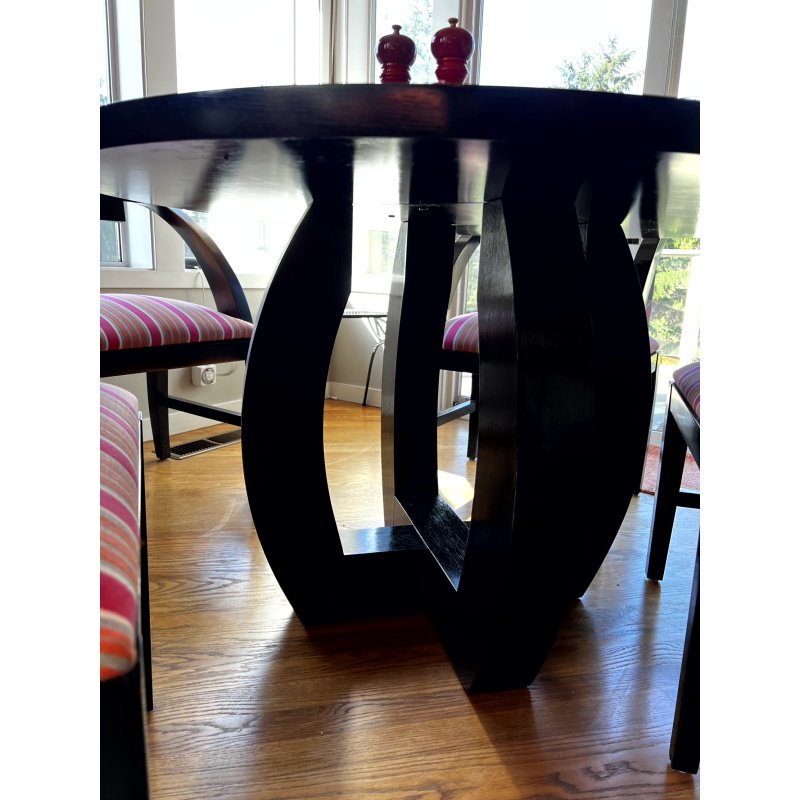 Sleek Art Deco Inspired Dining Set Black Wood Pedestal Dining Table & 4 Colorful Striped Upholstery Chairs