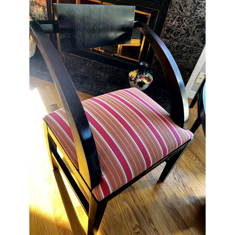 Sleek Art Deco Inspired Dining Set Black Wood Pedestal Dining Table & 4 Colorful Striped Upholstery Chairs