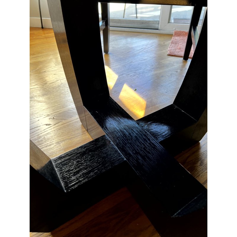 Sleek Art Deco Inspired Dining Set Black Wood Pedestal Dining Table & 4 Colorful Striped Upholstery Chairs