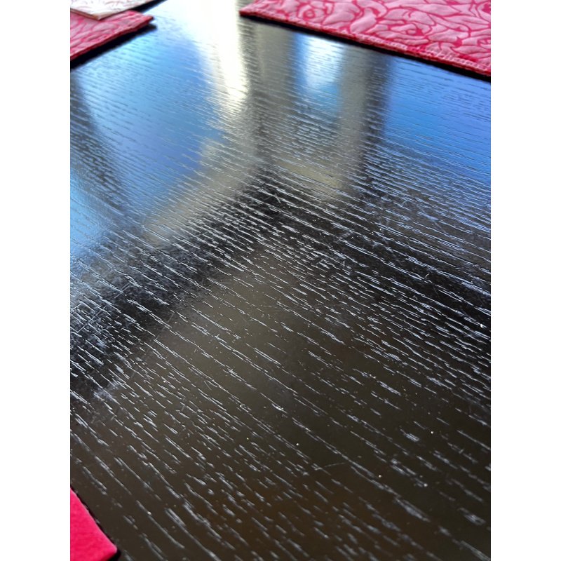 Sleek Art Deco Inspired Dining Set Black Wood Pedestal Dining Table & 4 Colorful Striped Upholstery Chairs