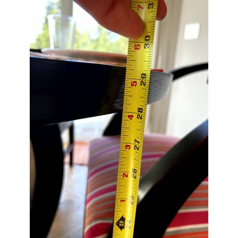 Sleek Art Deco Inspired Dining Set Black Wood Pedestal Dining Table & 4 Colorful Striped Upholstery Chairs