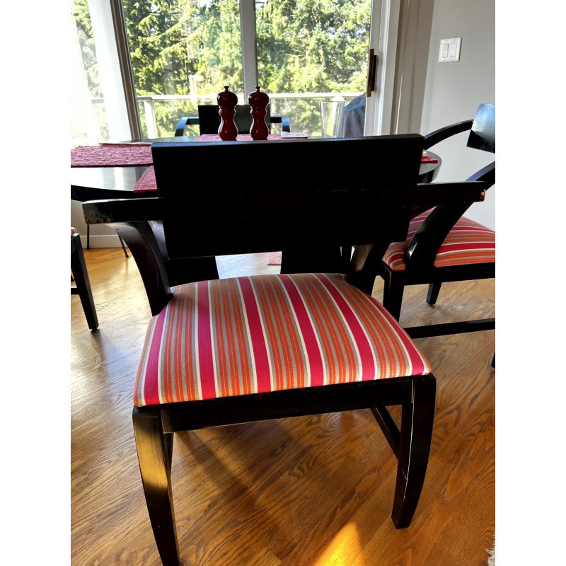 Sleek Art Deco Inspired Dining Set Black Wood Pedestal Dining Table & 4 Colorful Striped Upholstery Chairs