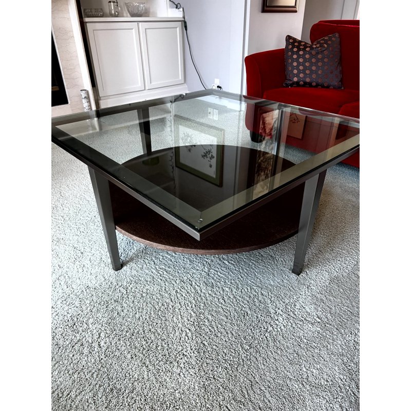 Glass Top Coffee Table, 44" Square Glass Top With Solid Wood Bottom, Traditional MCM