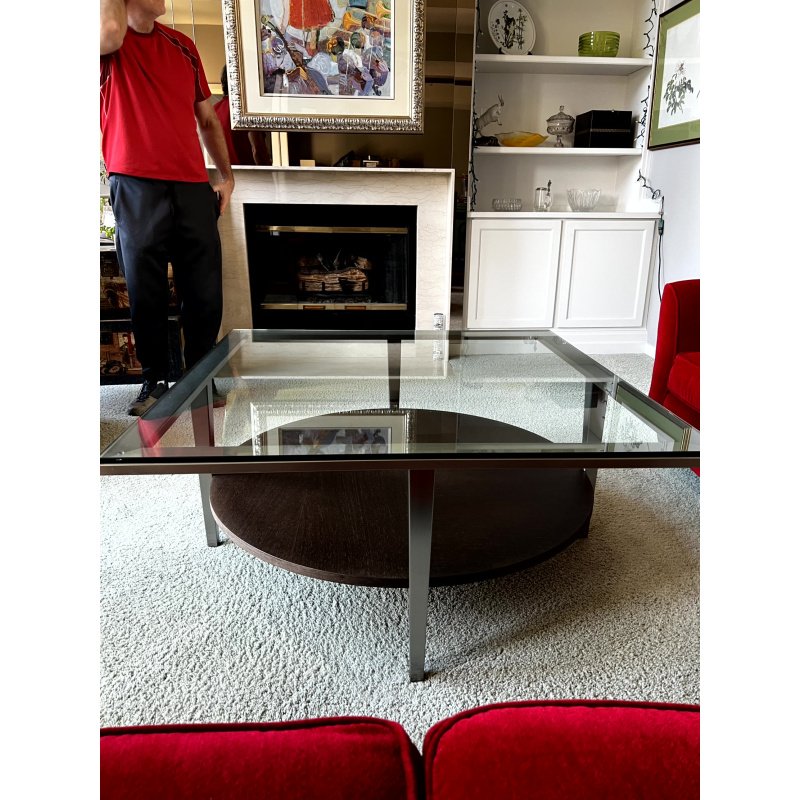 Glass Top Coffee Table, 44" Square Glass Top With Solid Wood Bottom, Traditional MCM