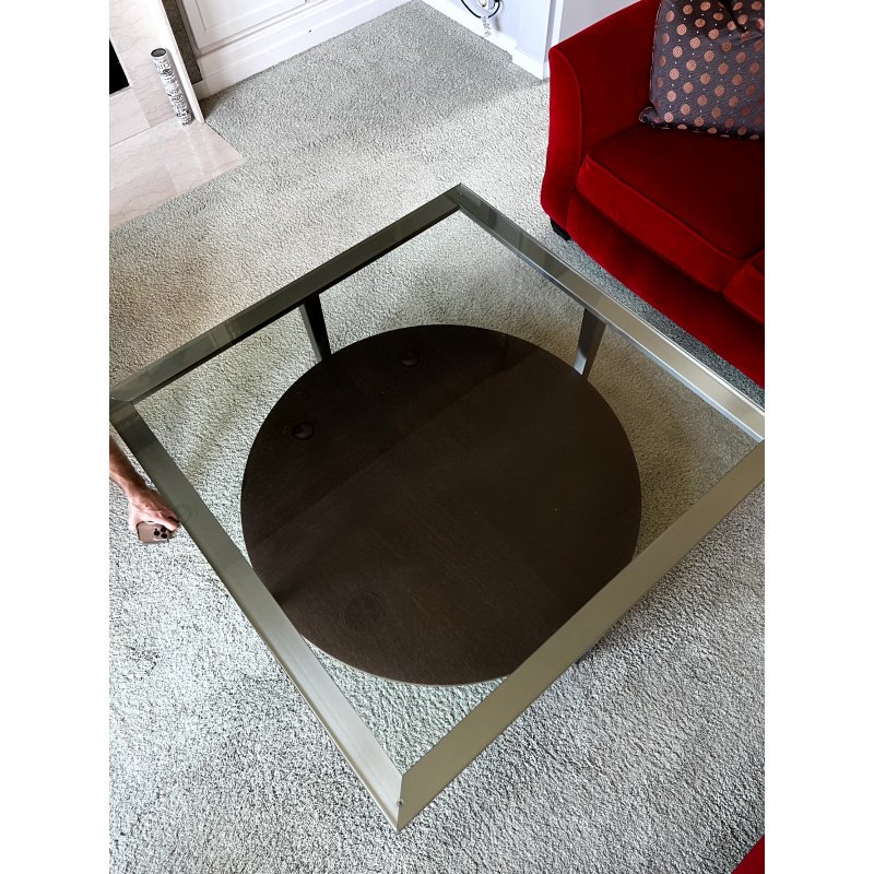 Glass Top Coffee Table, 44" Square Glass Top With Solid Wood Bottom, Traditional MCM