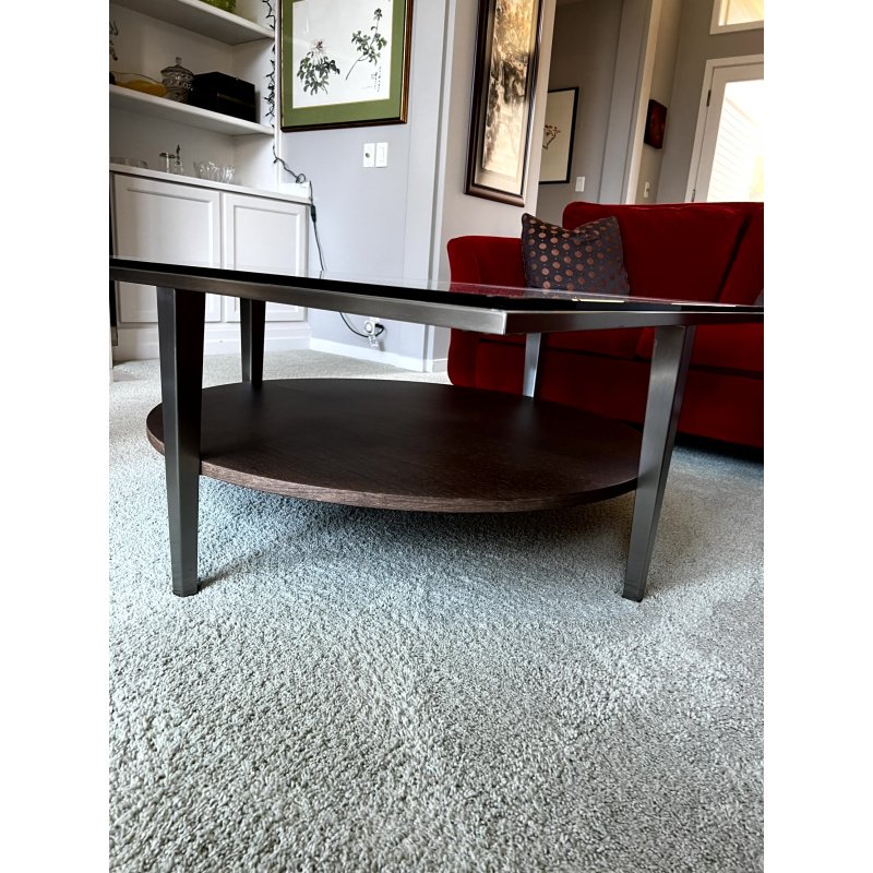 Glass Top Coffee Table, 44" Square Glass Top With Solid Wood Bottom, Traditional MCM