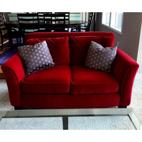 Custom L. Greenberg and Associates Red Monaco Loveseat With 2 Designer Saraband Bolero Pillows