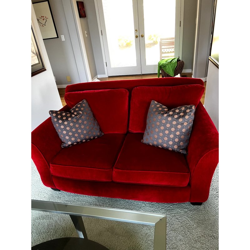 Custom L. Greenberg and Associates Red Monaco Loveseat With 2 Designer Saraband Bolero Pillows